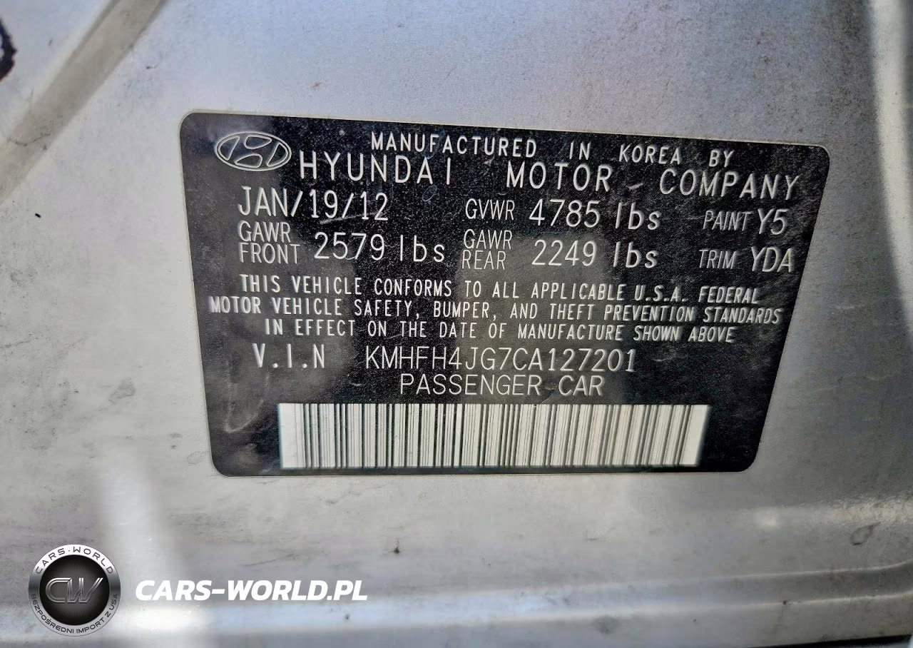 2012 Hyundai Azera Base VIN:KMHFH4JG7CA127201 - 12