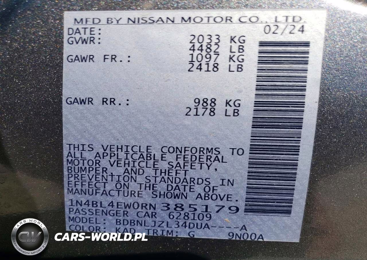 2024 Nissan Altima Sl VIN:1N4BL4EW0RN385179 - 12