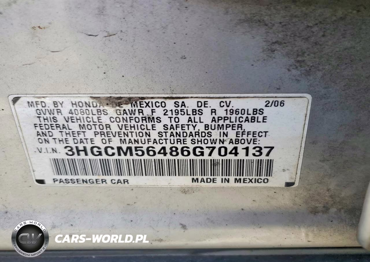 2006 Honda Accord Lx VIN:3HGCM56486G704137 - 12