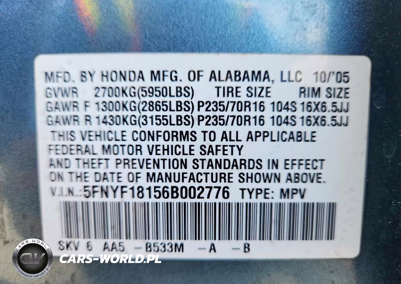 2006 Honda Pilot Lx VIN:5FNYF18156B002776 - 13