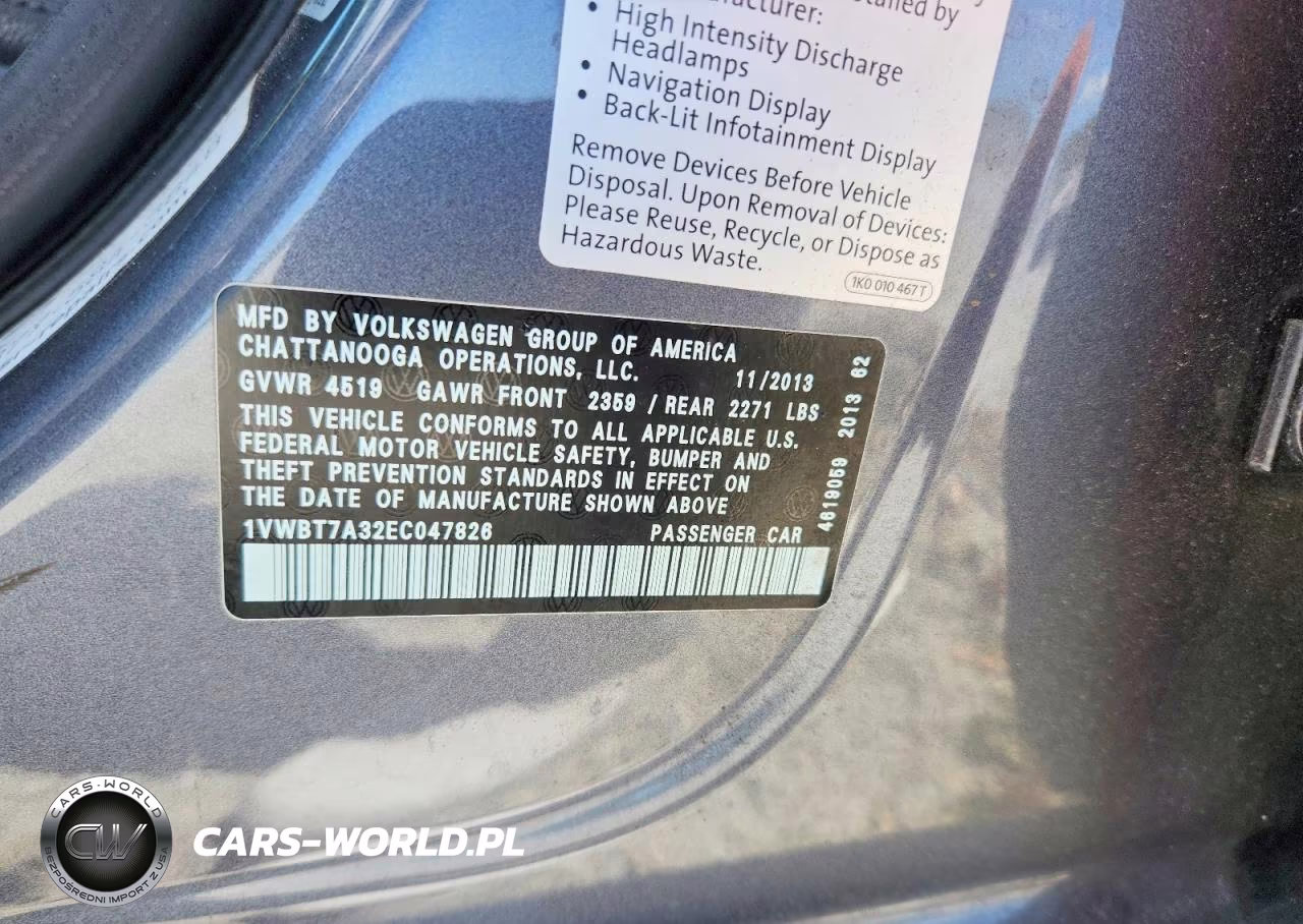 2014 Volkswagen Passat Se VIN:1VWBT7A32EC047826 - 12