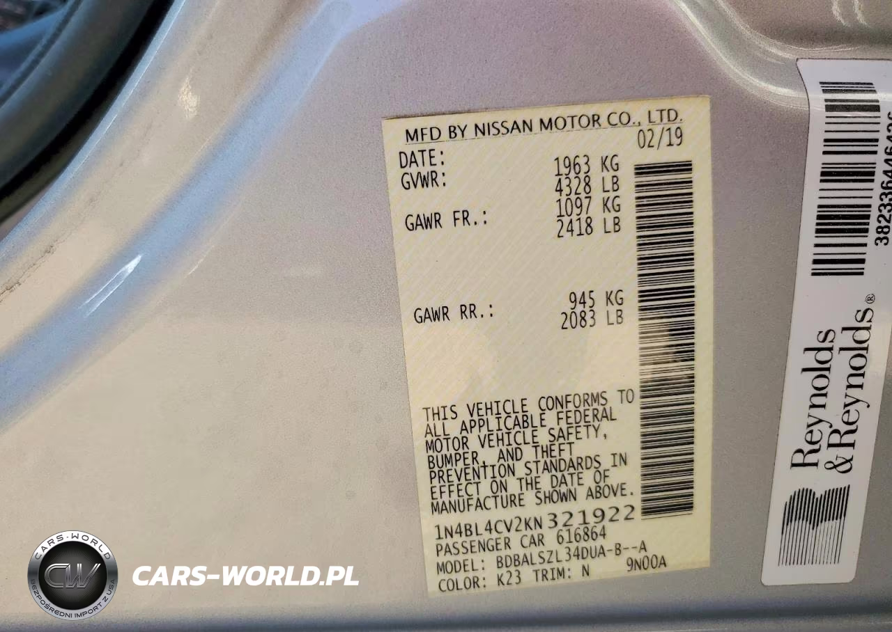 2019 Nissan Altima Sr VIN:1N4BL4CV2KN321922 - 13