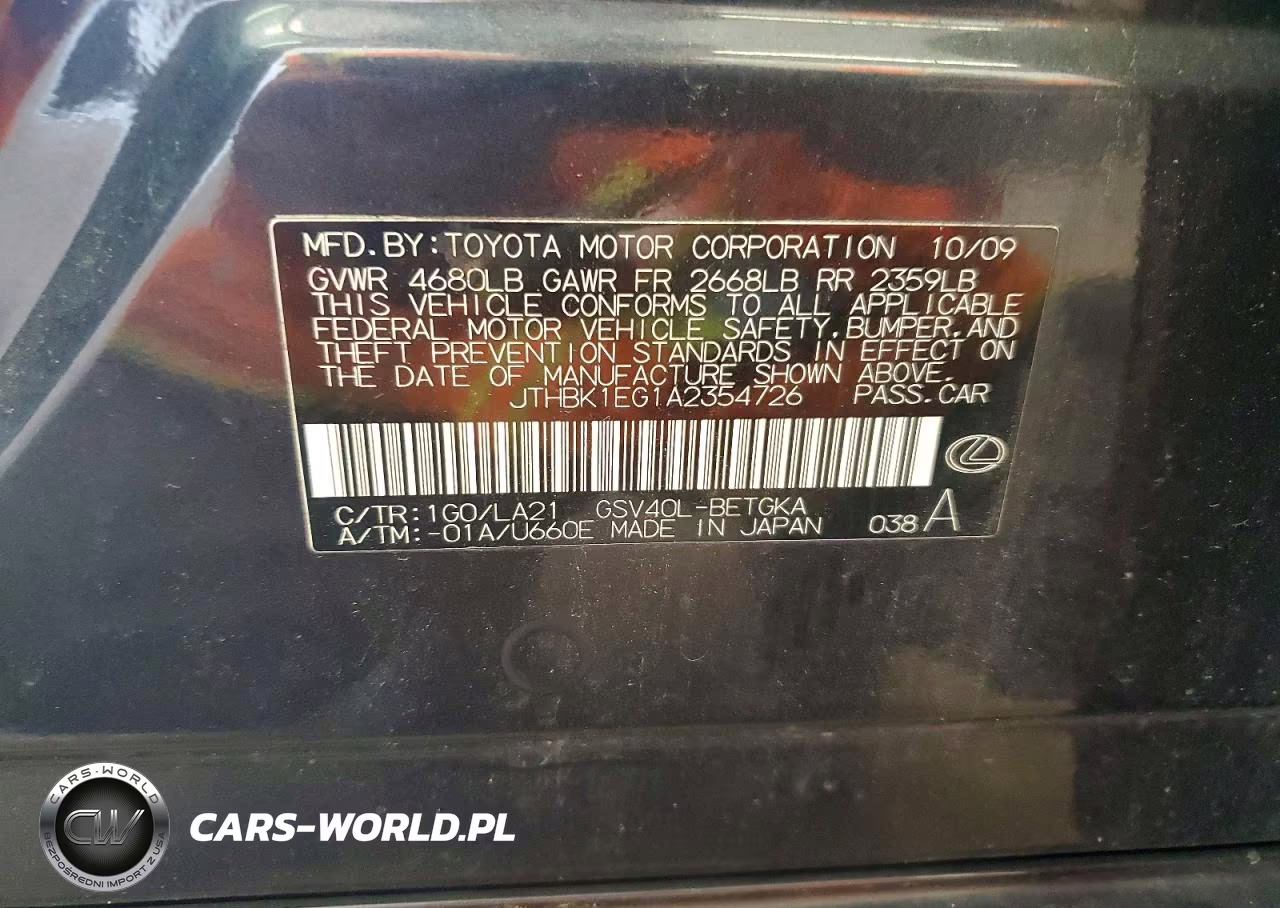 2010 Lexus Es 350 VIN:JTHBK1EG1A2354726 - 12