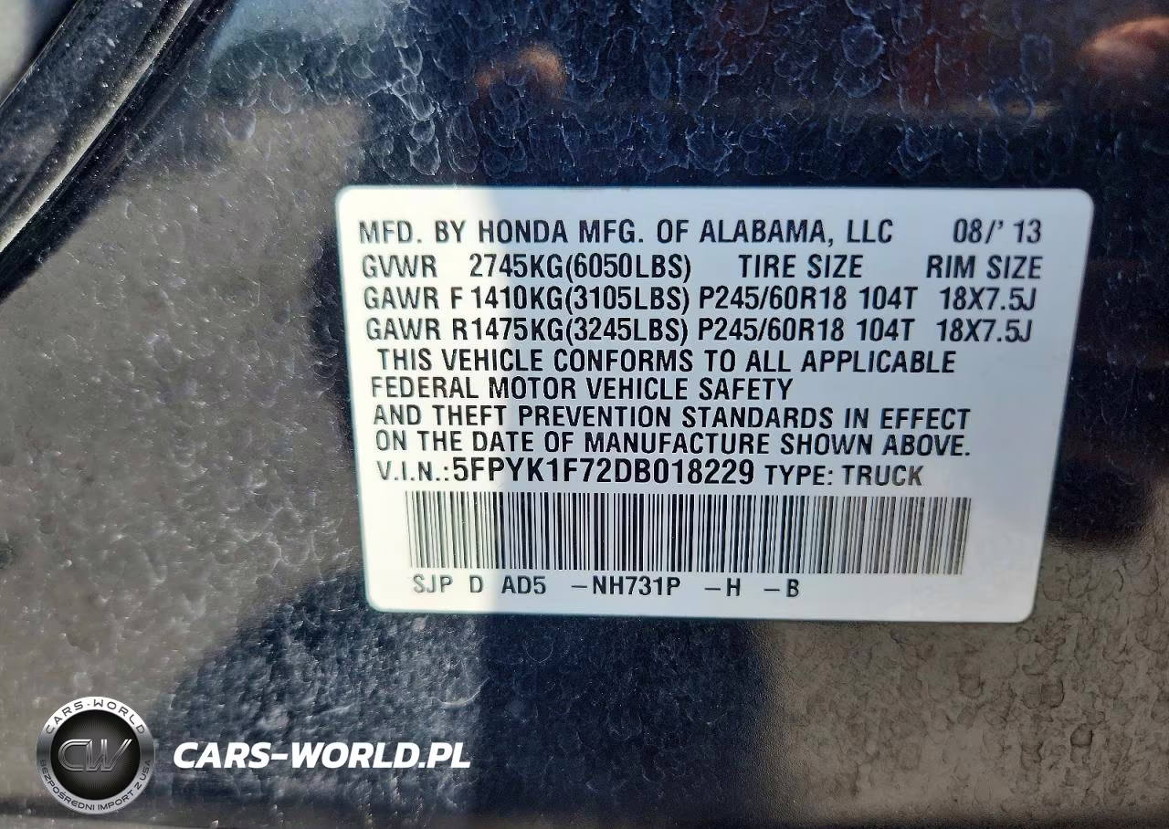 2013 Honda Ridgeline Sport VIN:5FPYK1F72DB018229 - 12