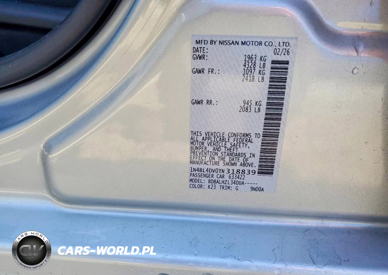 2026 Nissan Altima Sv VIN:1N4BL4DV0TN318839 - 12