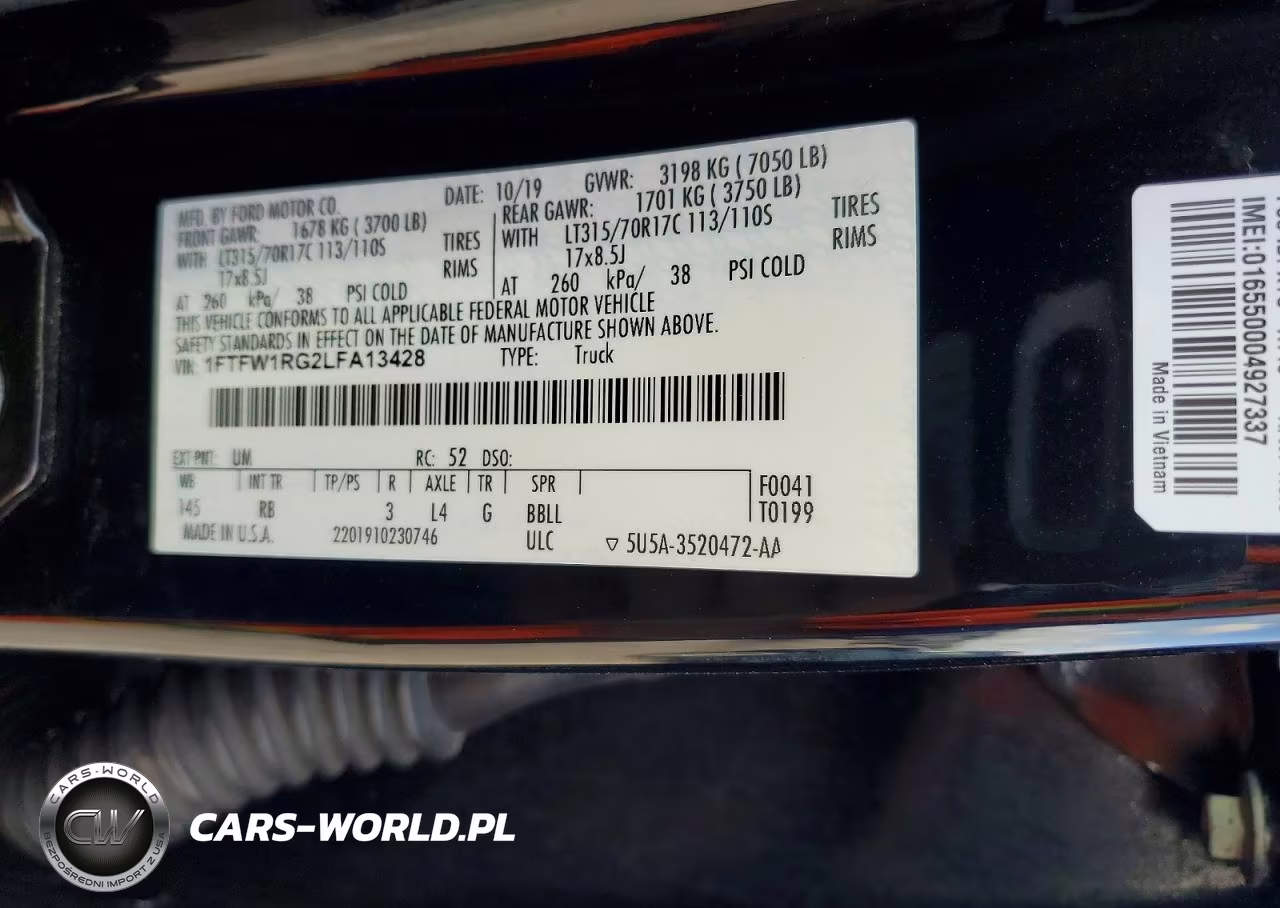 2020 Ford F150 Raptor VIN:1FTFW1RG2LFA13428 - 13