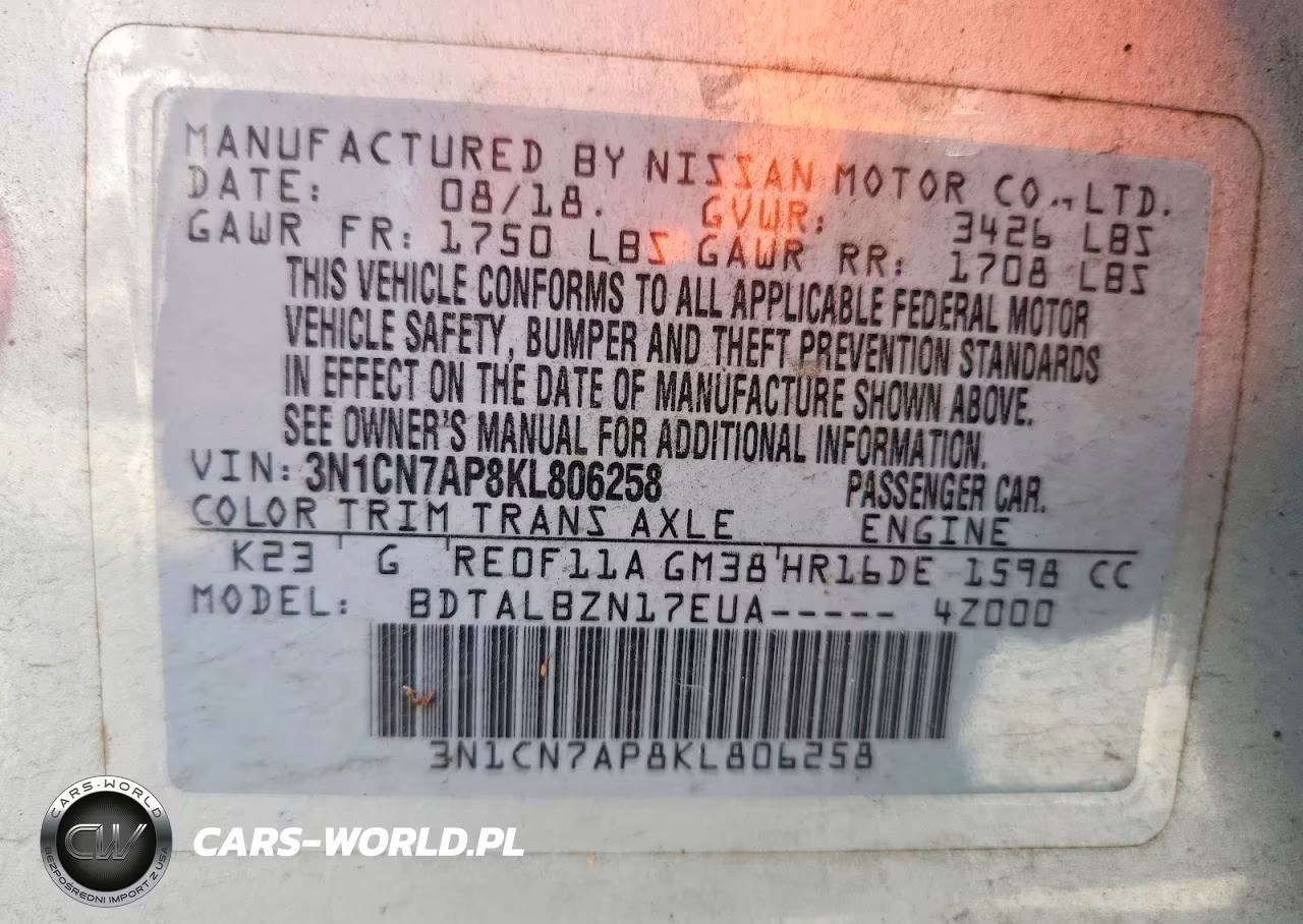 2019 Nissan Versa Sv VIN:3N1CN7AP8KL806258 - 12