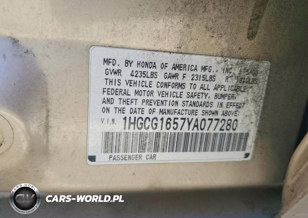2000 Honda Accord Ex VIN:1HGCG1657YA077280 - 12