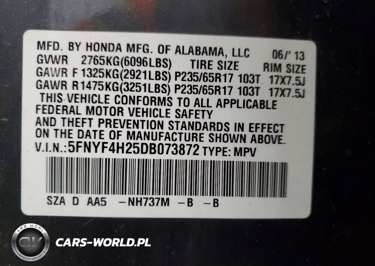 2013 Honda Pilot Lx VIN:5FNYF4H25DB073872 - 13