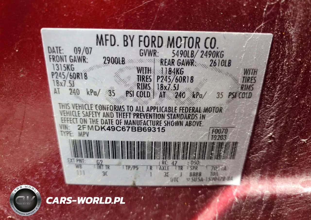 2007 Ford Edge Sel Plus VIN:2FMDK49C67BB69315 - 13