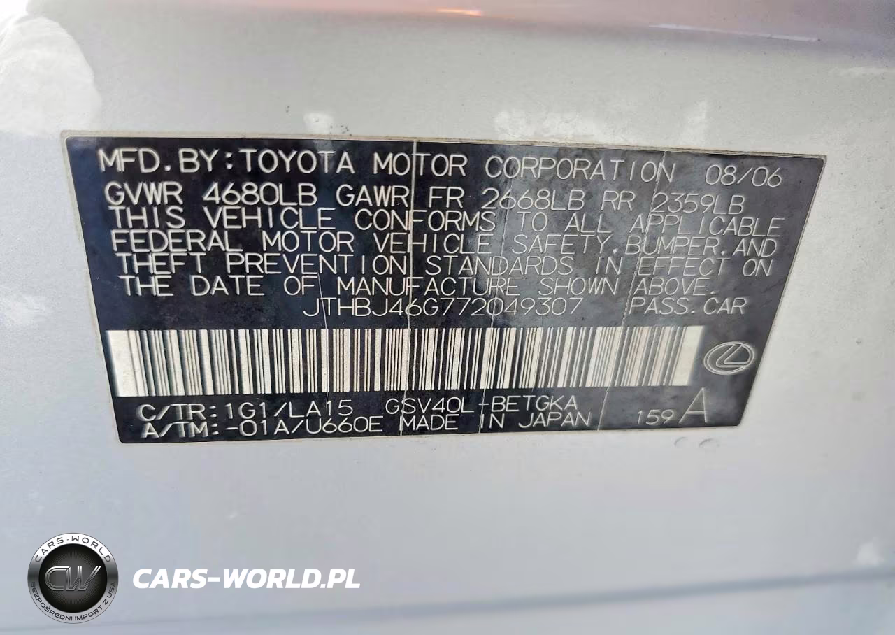 2007 Lexus Es 350 VIN:JTHBJ46G772049307 - 12