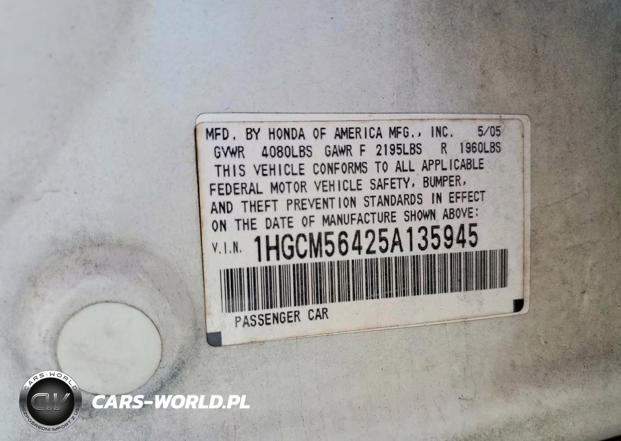 2005 Honda Accord Lx VIN:1HGCM56425A135945 - 12