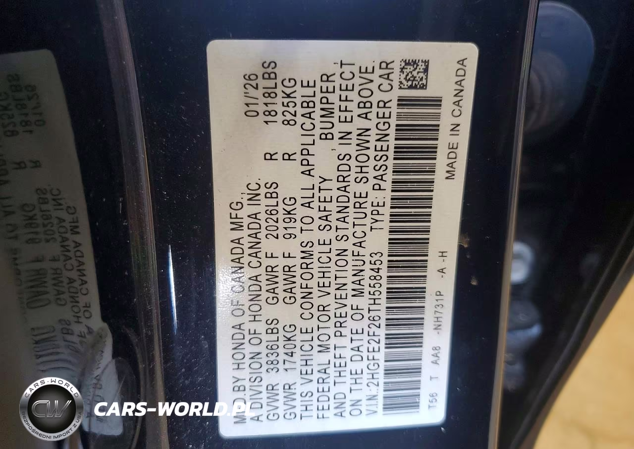 2026 Honda Civic Lx VIN:2HGFE2F26TH558453 - 12