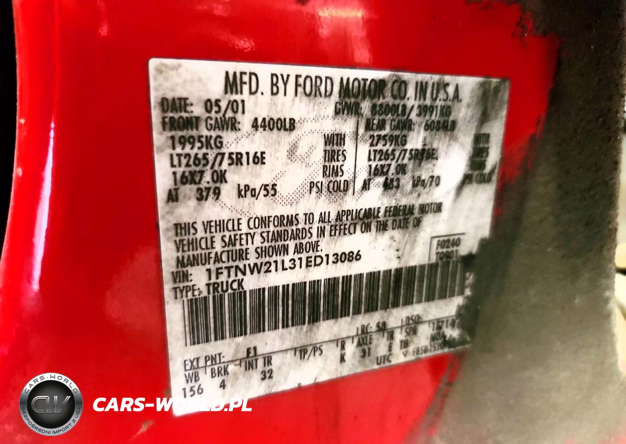 2001 Ford F250 Super Duty VIN:1FTNW21L31ED13086 - 12