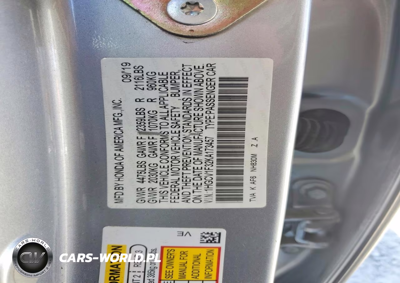 2019 Honda Accord Sport VIN:1HGCV1F32KA173457 - 12