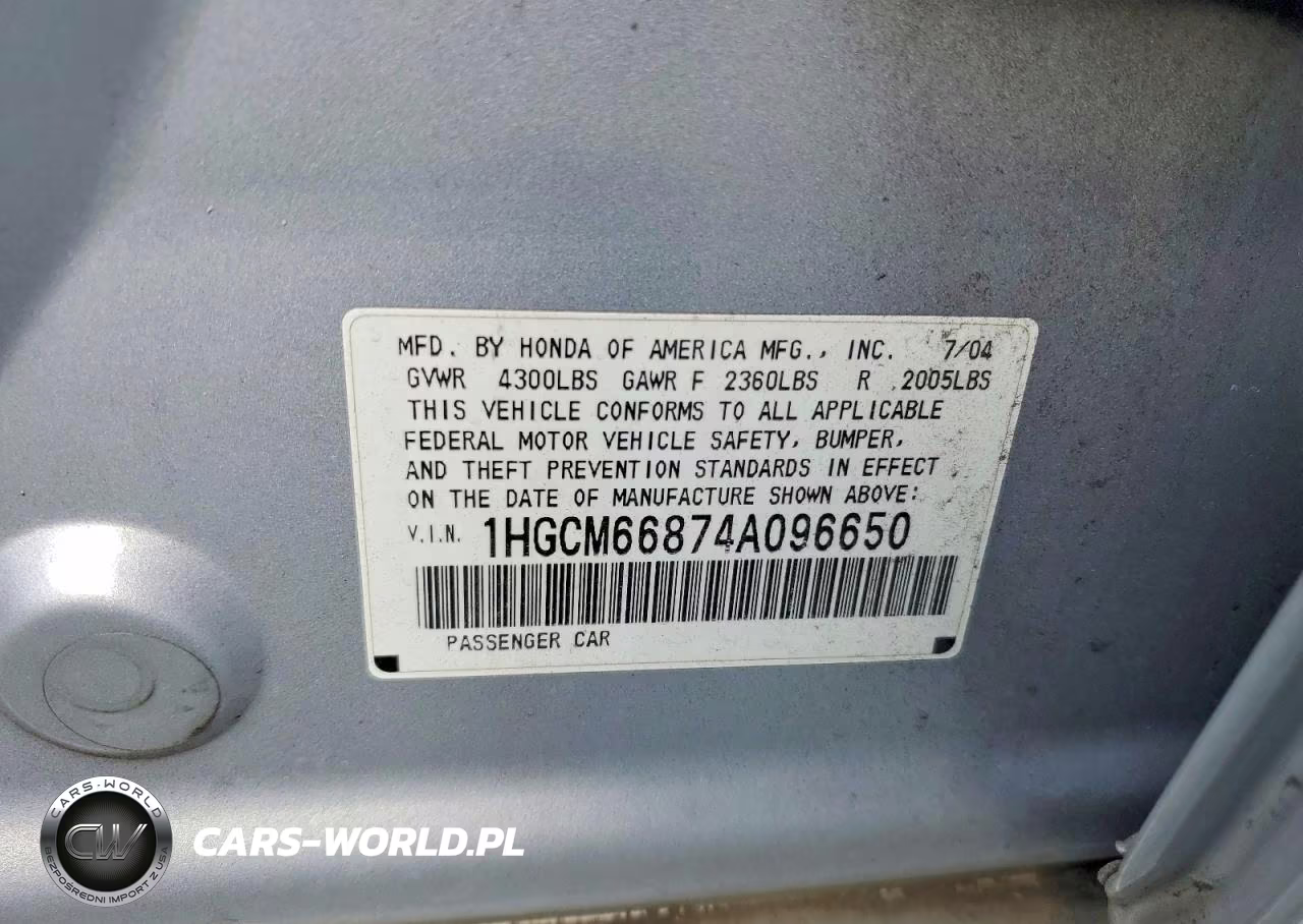 2004 Honda Accord Ex VIN:1HGCM66874A096650 - 12