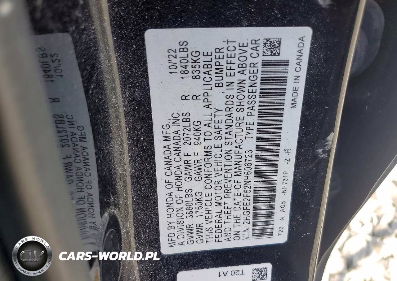 2022 Honda Civic Sport VIN:2HGFE2F52NH606723 - 12