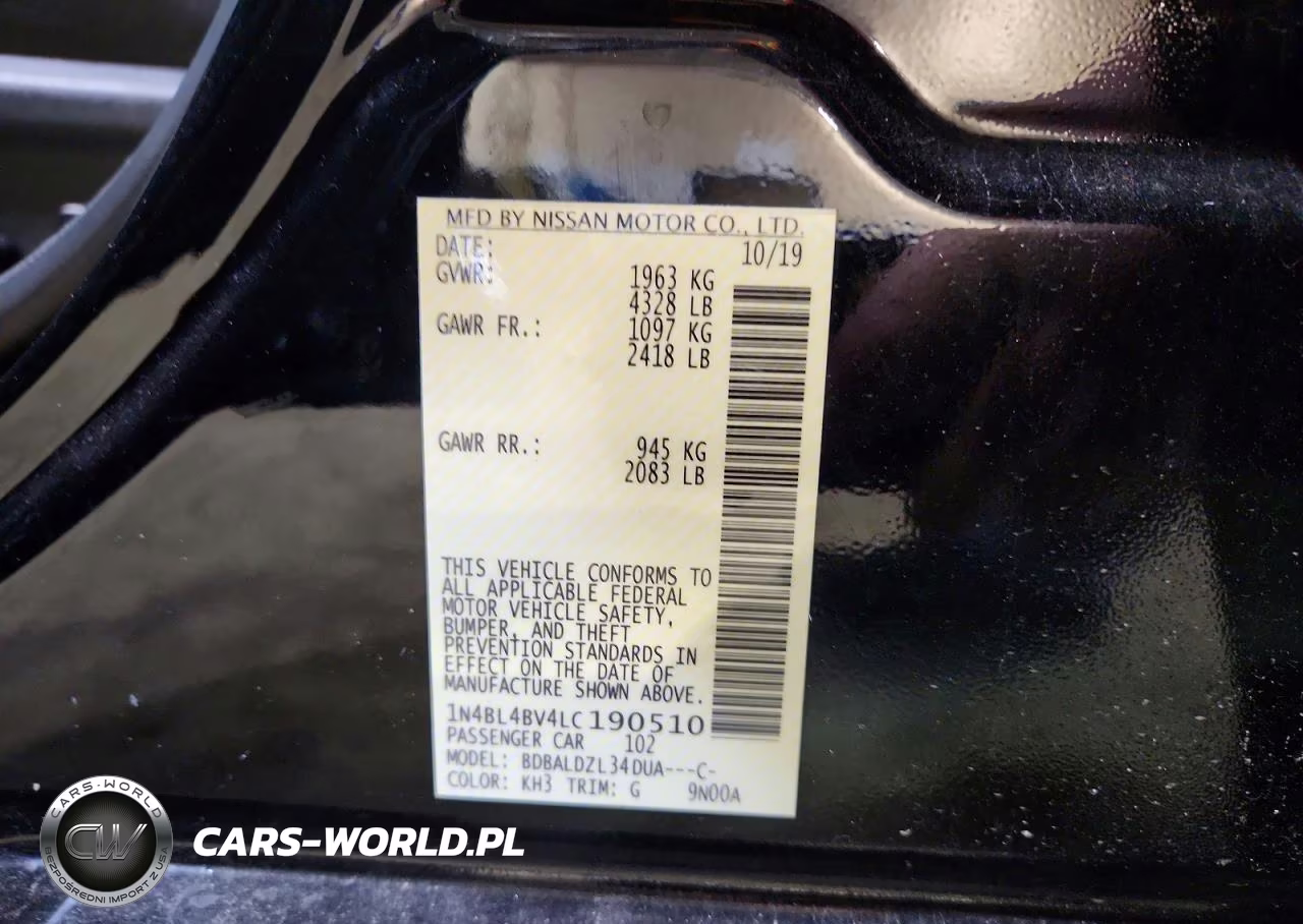 2020 Nissan Altima S VIN:1N4BL4BV4LC190510 - 12