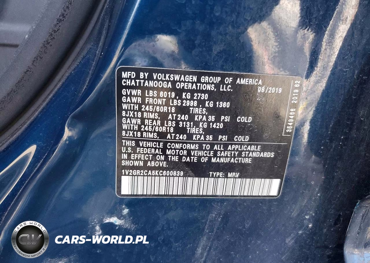 2019 Volkswagen Atlas S VIN:1V2GR2CA5KC600839 - 13