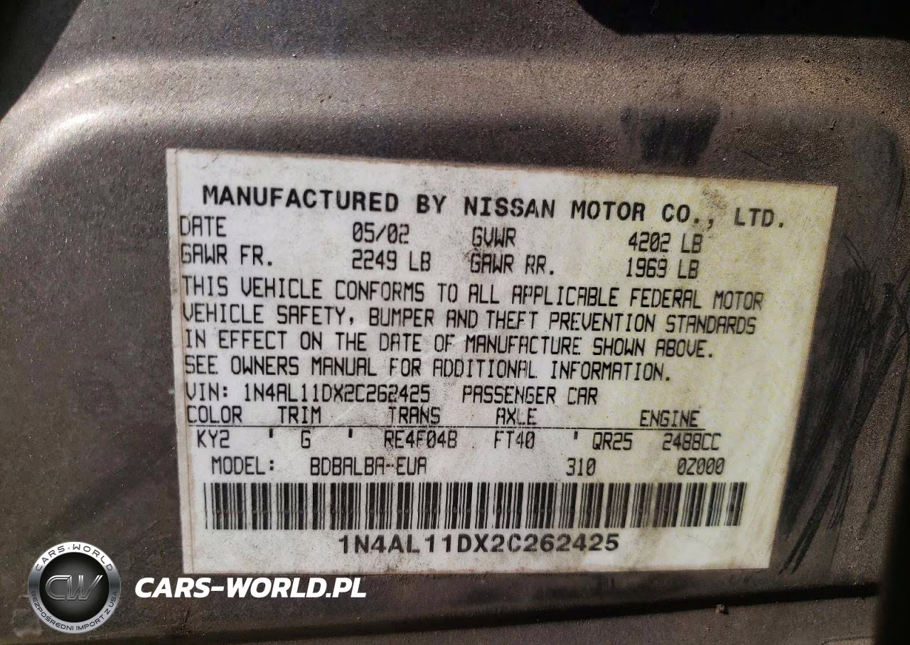 2002 Nissan Altima 2.5 VIN:1N4AL11DX2C262425 - 12