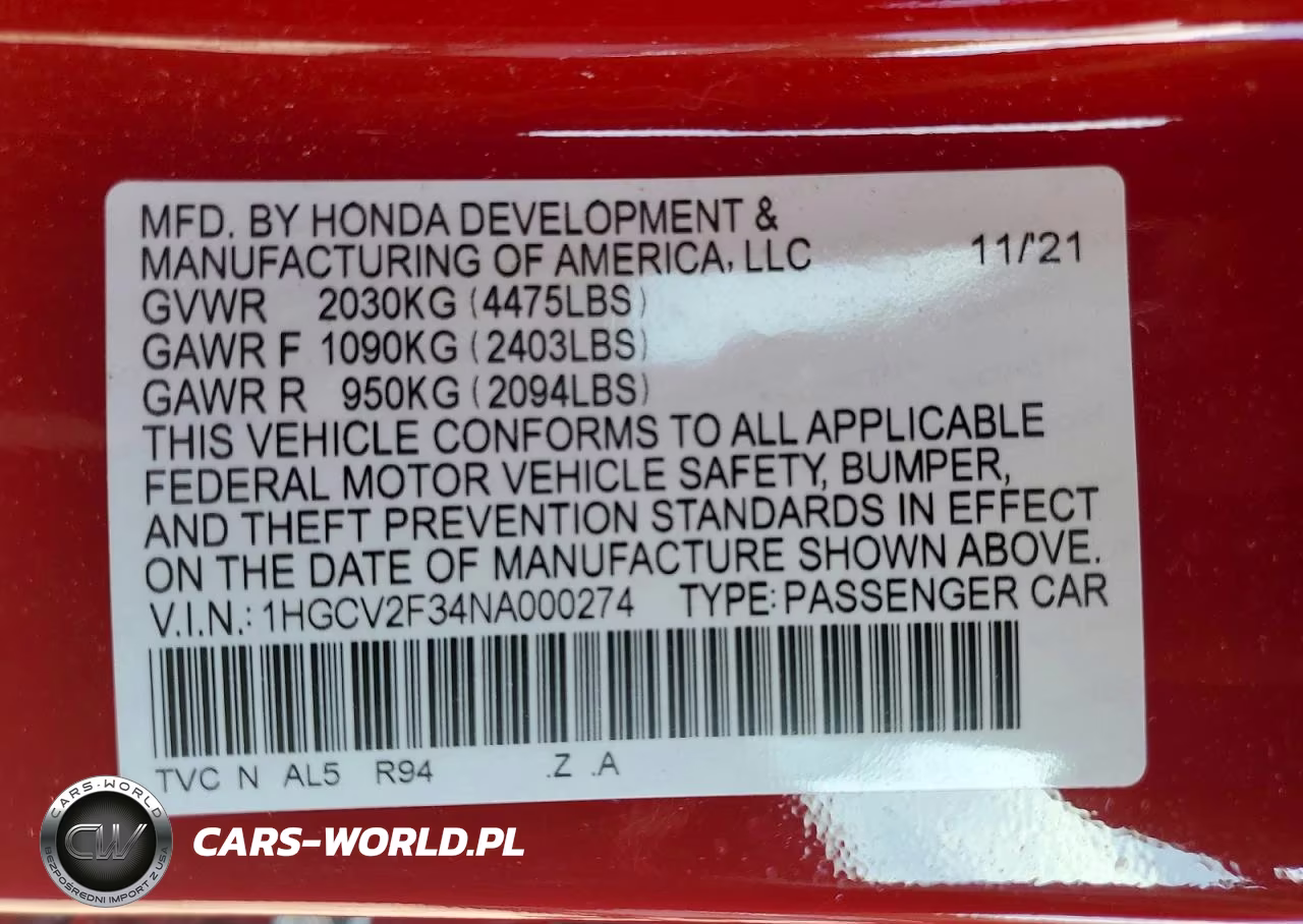 2022 Honda Accord Sport VIN:1HGCV2F34NA000274 - 12