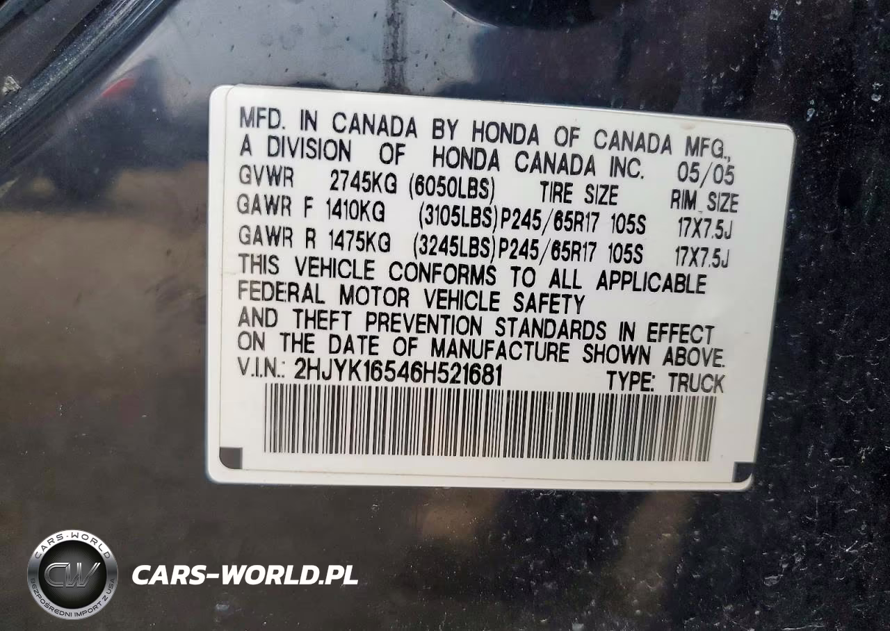 2006 Honda Ridgeline Rtl VIN:2HJYK16546H521681 - 12