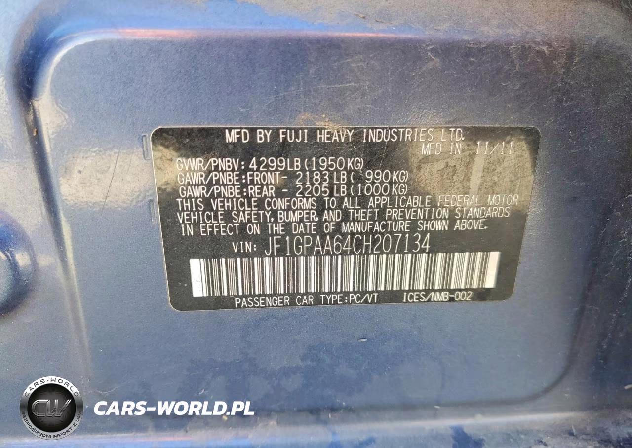 2012 Subaru Impreza VIN:JF1GPAA64CH207134 - 12
