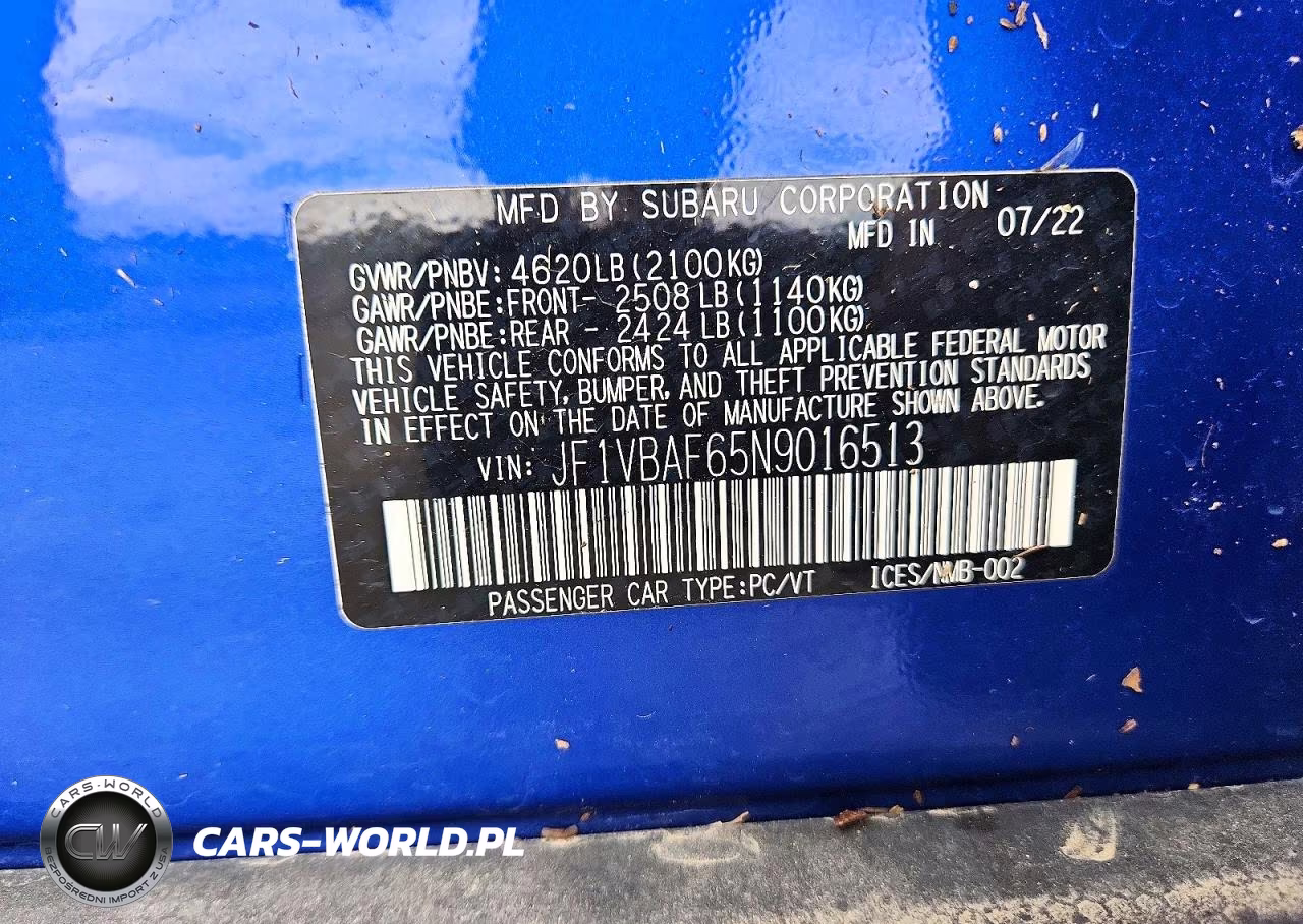 2022 Subaru Wrx Premium VIN:JF1VBAF65N9016513 - 12