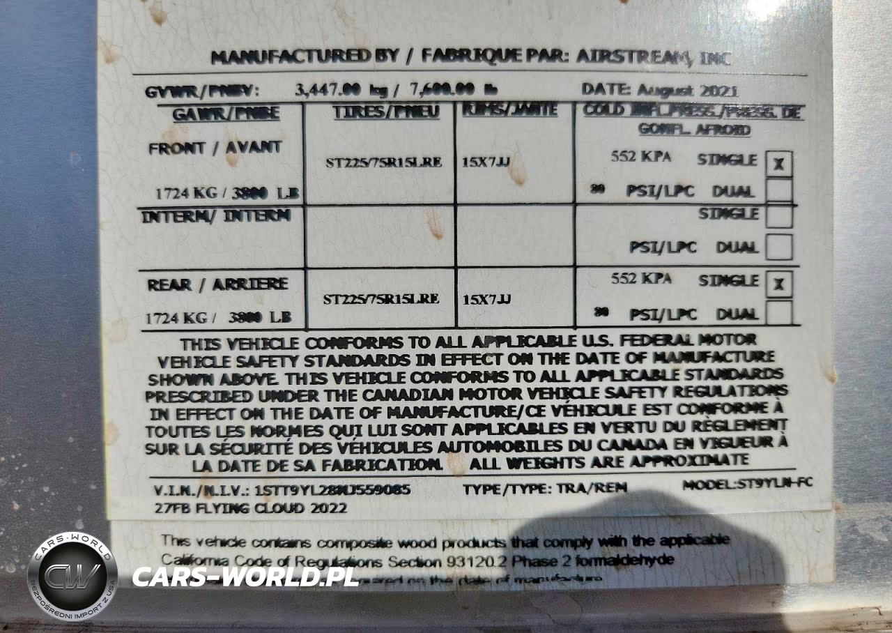 2022 Airstream Rv VIN:1STT9YL28NJ559085 - 10