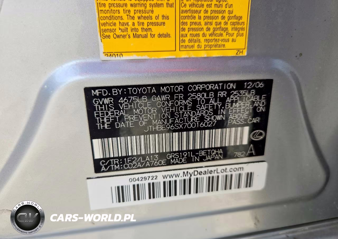 2007 Lexus Gs 350 VIN:JTHBE96SX70016027 - 12