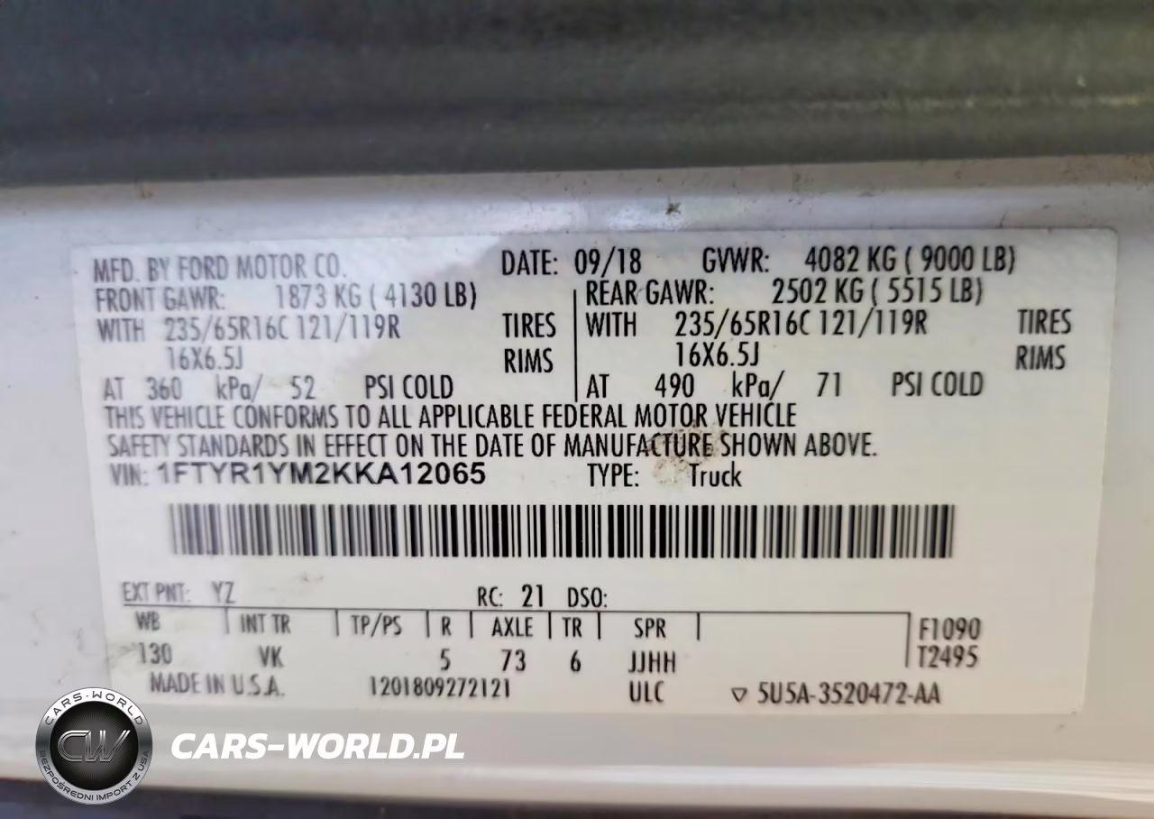 2019 Ford Transit T-250 VIN:1FTYR1YM2KKA12065 - 13
