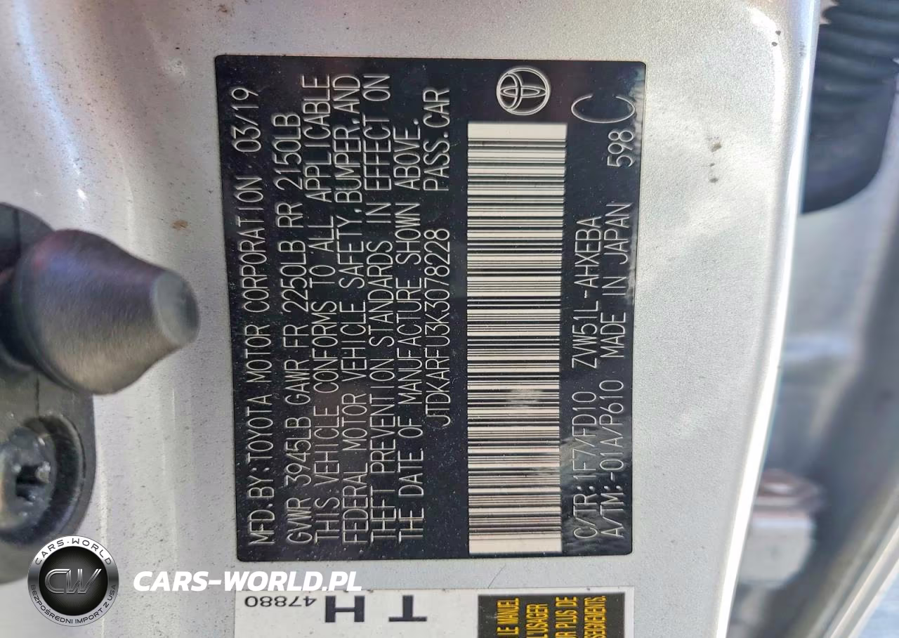 2019 Toyota Prius Le VIN:JTDKARFU3K3078228 - 12