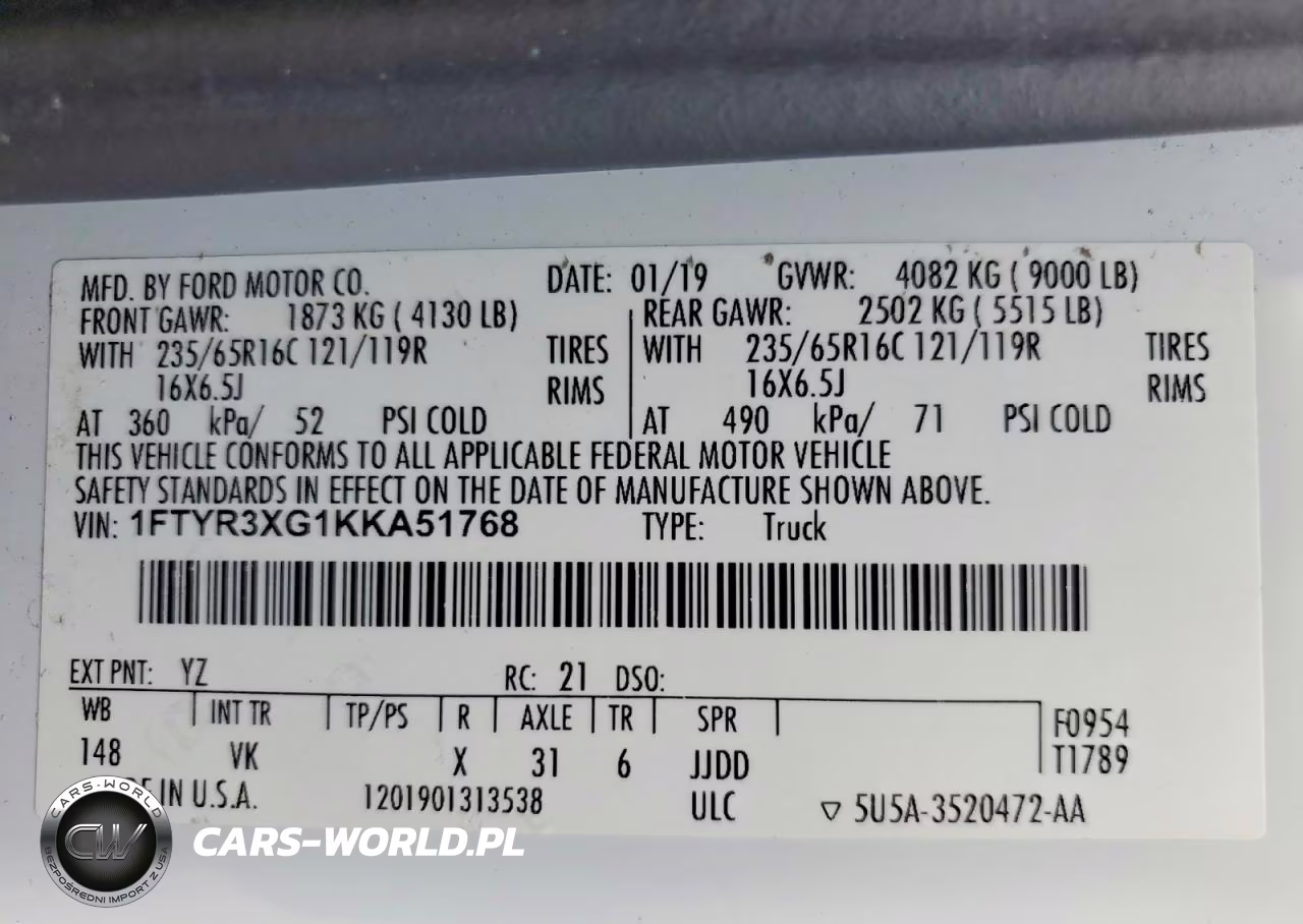 2019 Ford Transit T-250 VIN:1FTYR3XG1KKA51768 - 13