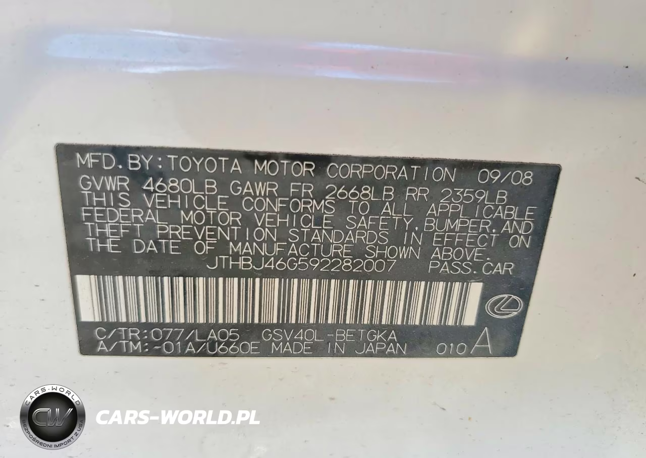 2009 Lexus Es 350 VIN:JTHBJ46G592282007 - 12