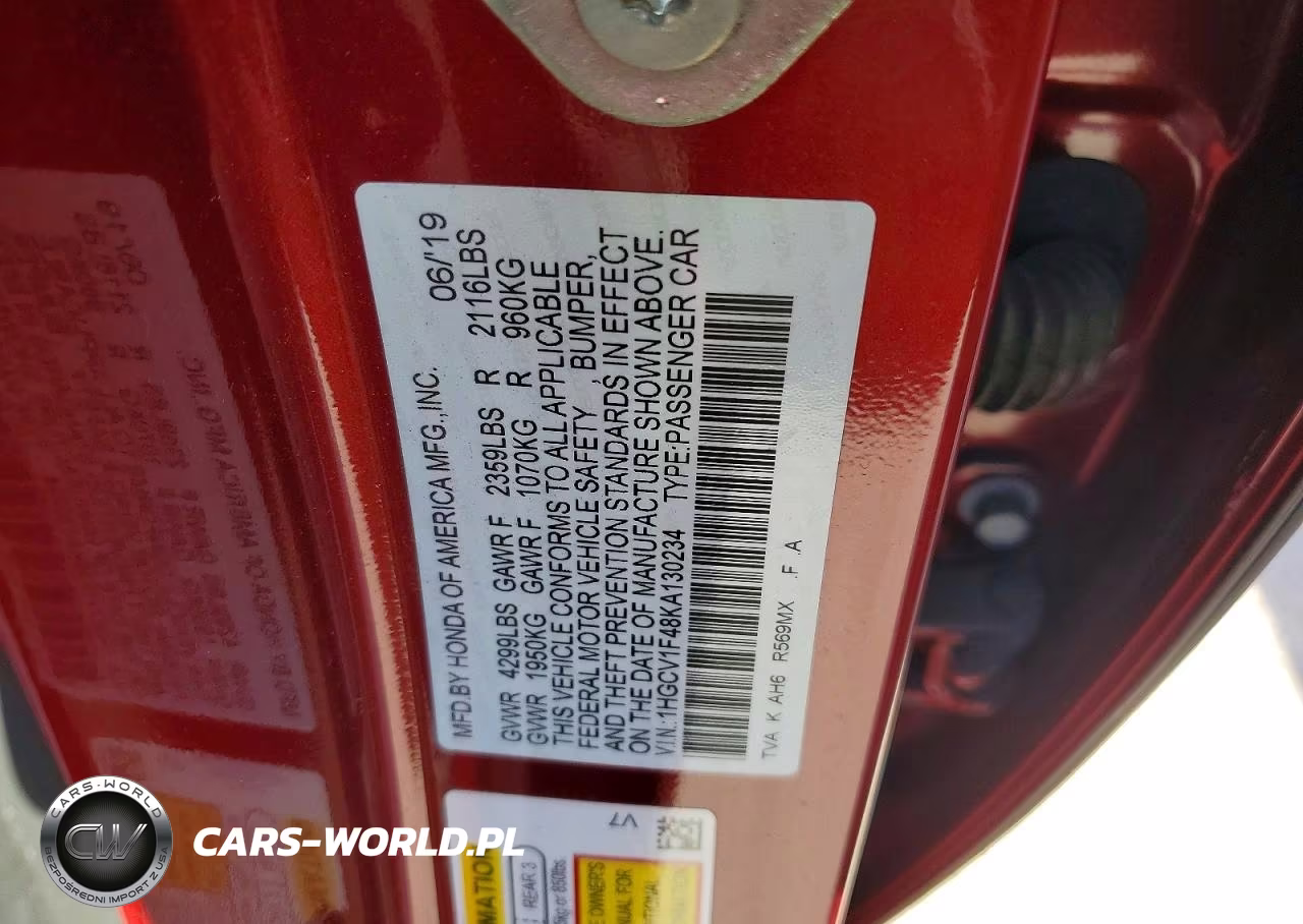 2019 Honda Accord Ex VIN:1HGCV1F48KA130234 - 12