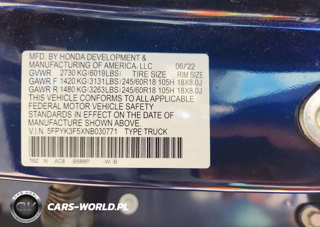 2022 Honda Ridgeline Rtl VIN:5FPYK3F5XNB030771 - 12
