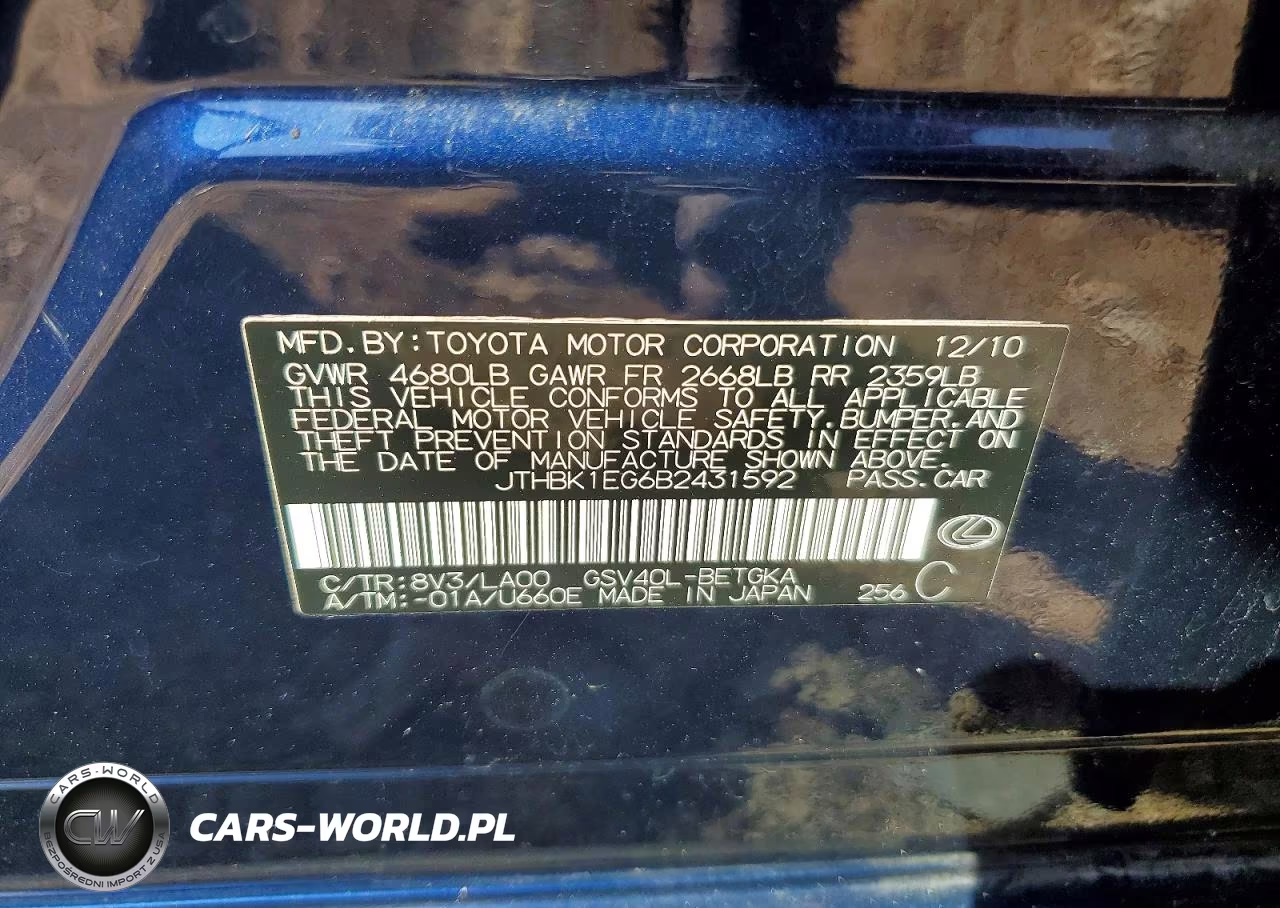 2011 Lexus Es 350 VIN:JTHBK1EG6B2431592 - 12