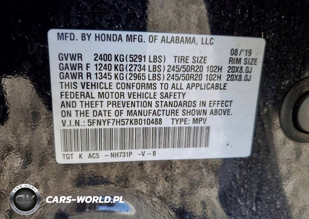 2019 Honda Passport Exl VIN:5FNYF7H57KB010488 - 14