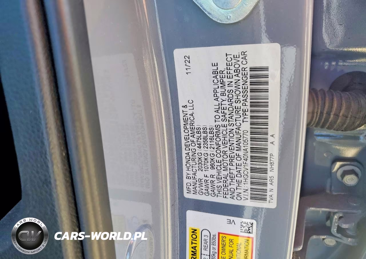 2022 Honda Accord Sport Se VIN:1HGCV1F40NA105770 - 12