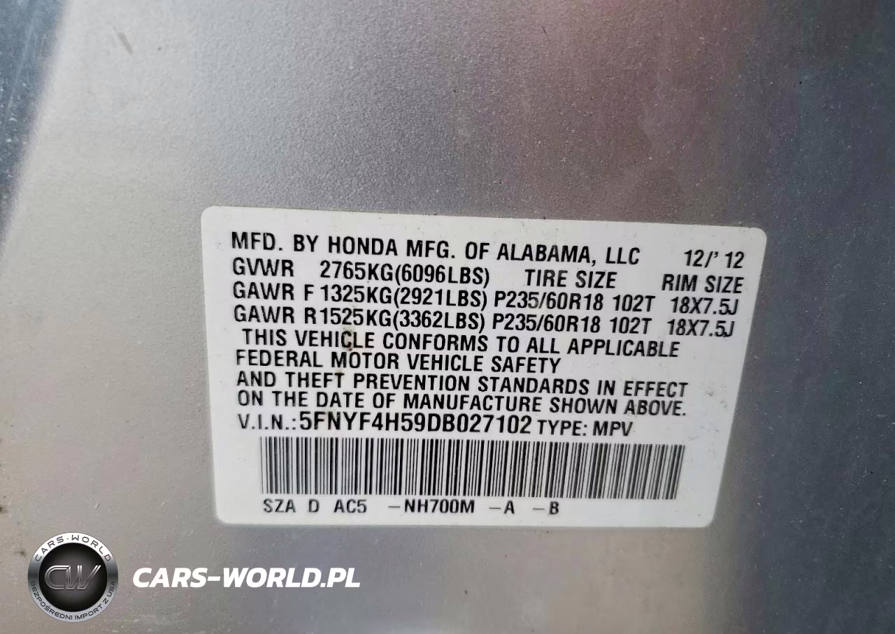 2013 Honda Pilot Exl VIN:5FNYF4H59DB027102 - 14