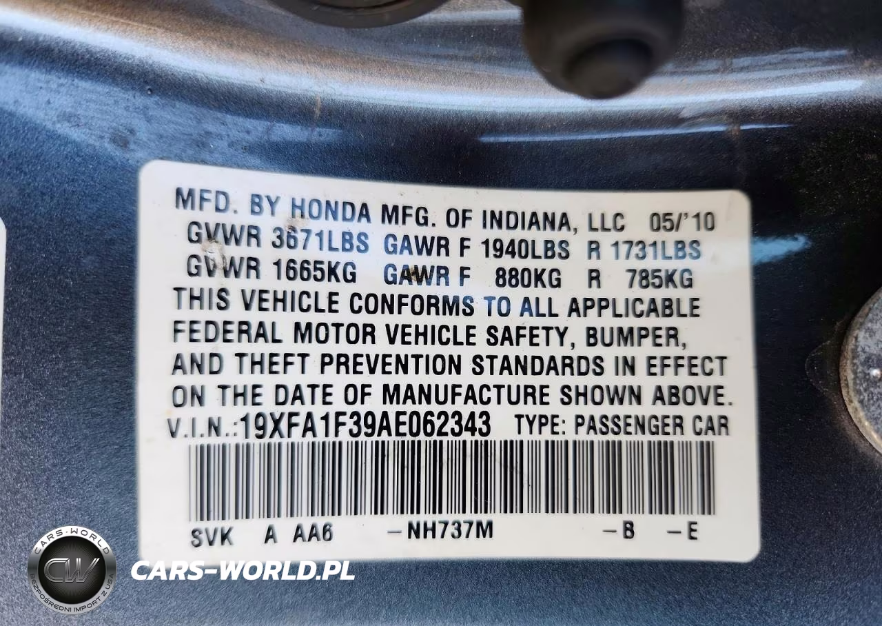 2010 Honda Civic Vp VIN:19XFA1F39AE062343 - 12