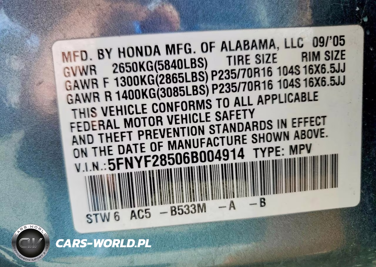 2006 Honda Pilot Ex VIN:5FNYF28506B004914 - 14