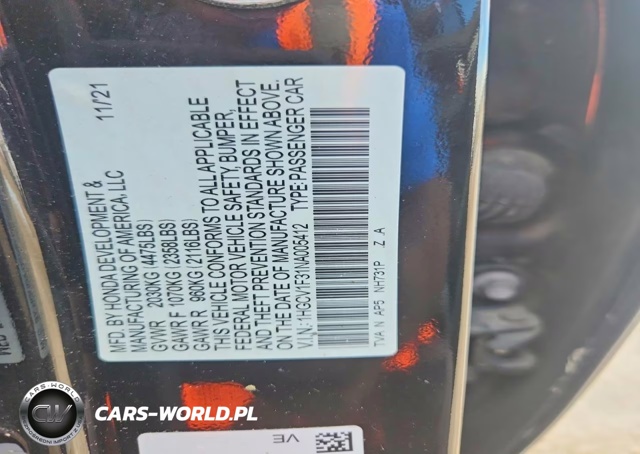 2022 Honda Accord Sport VIN:1HGCV1F31NA005412 - 12