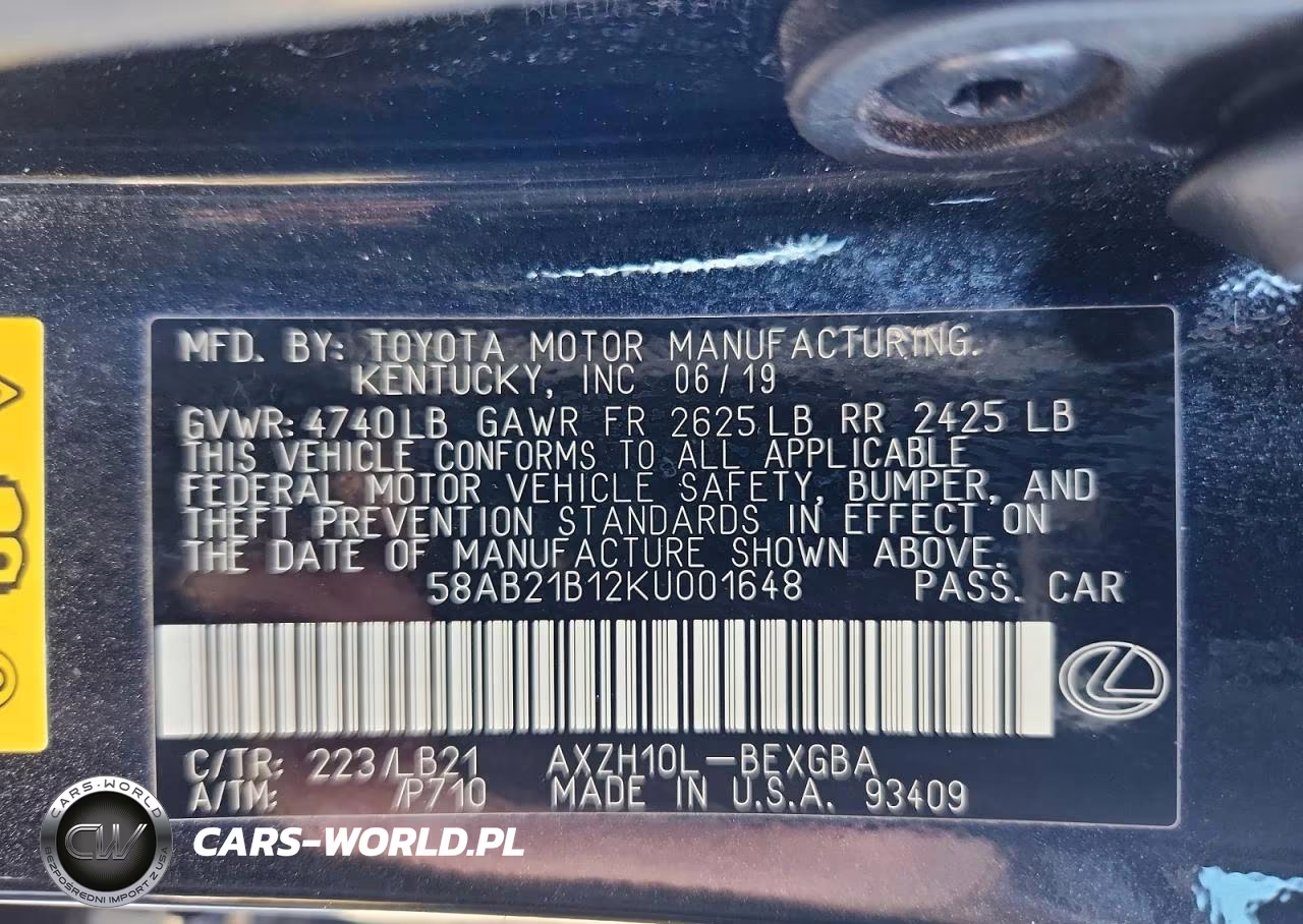 2019 Lexus Es 300H VIN:58AB21B12KU001648 - 12