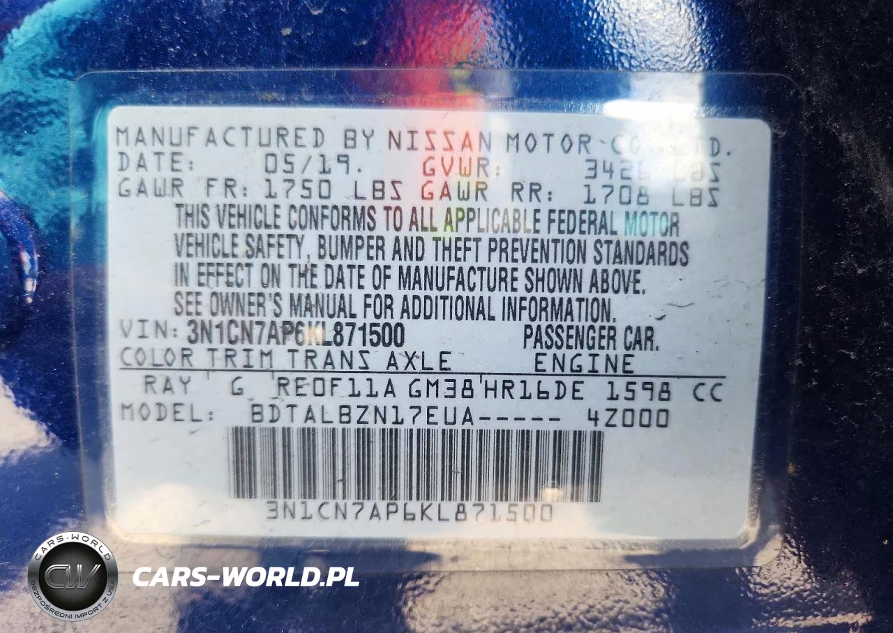 2019 Nissan Versa Sv VIN:3N1CN7AP6KL871500 - 12