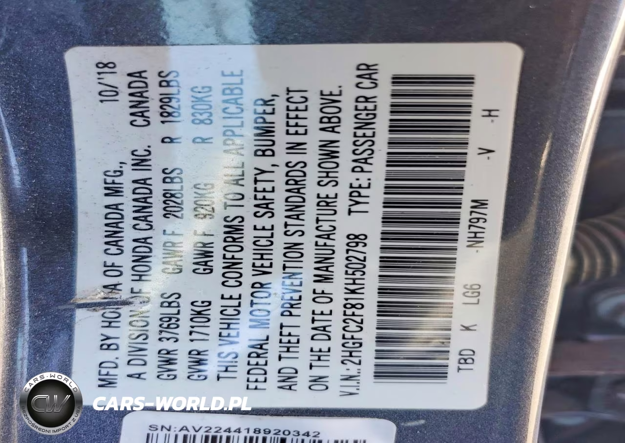 2019 Honda Civic Sport VIN:2HGFC2F81KH502798 - 12