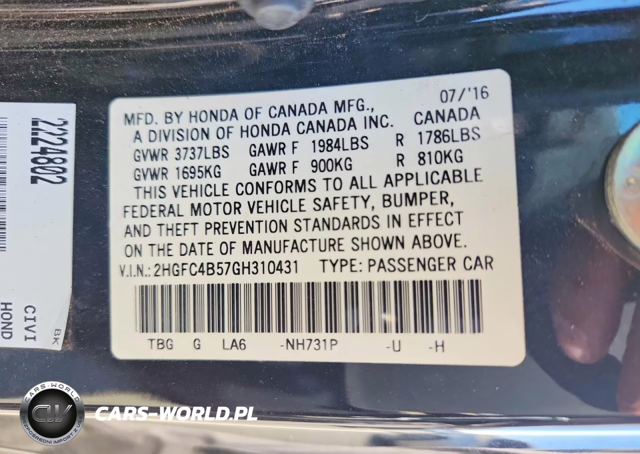 2016 Honda Civic Lx VIN:2HGFC4B57GH310431 - 12