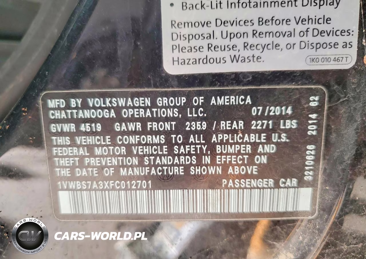 2015 Volkswagen Passat Se VIN:1VWBS7A3XFC012701 - 12