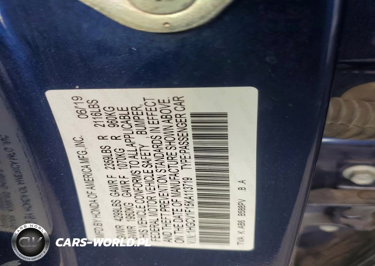 2019 Honda Accord Lx VIN:1HGCV1F15KA113719 - 12
