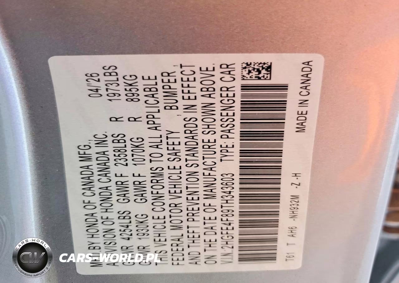 2026 Honda Civic Sport VIN:2HGFE4F89TH343603 - 12